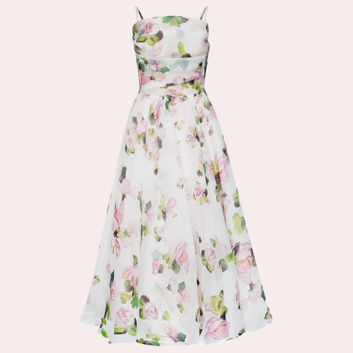 Witte bloemenjurk met roze en groene bloemenprint, mouwloos ontwerp, elegante avondjurk, perfecte keuze voor bruiloften en zomerevenementen.