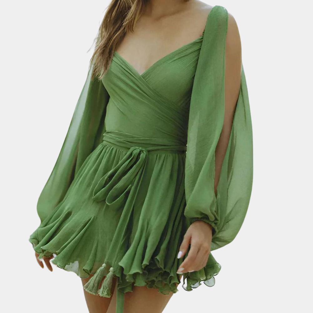 Groene damesjurk met lange mouwen, V-hals en tailleband. Perfect voor zomerfeesten. Elegante en modieuze kledingstijl.