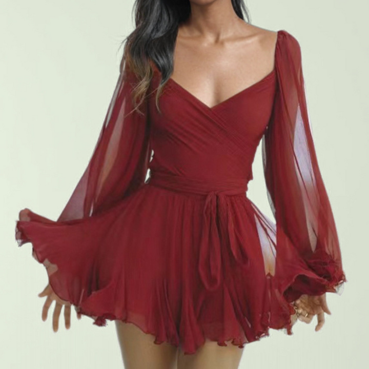Rode chiffon jurk met lange mouwen en V-hals, elegante damesmode, geschikt voor feestjes en speciale gelegenheden, trendy en stijlvol ontwerp.