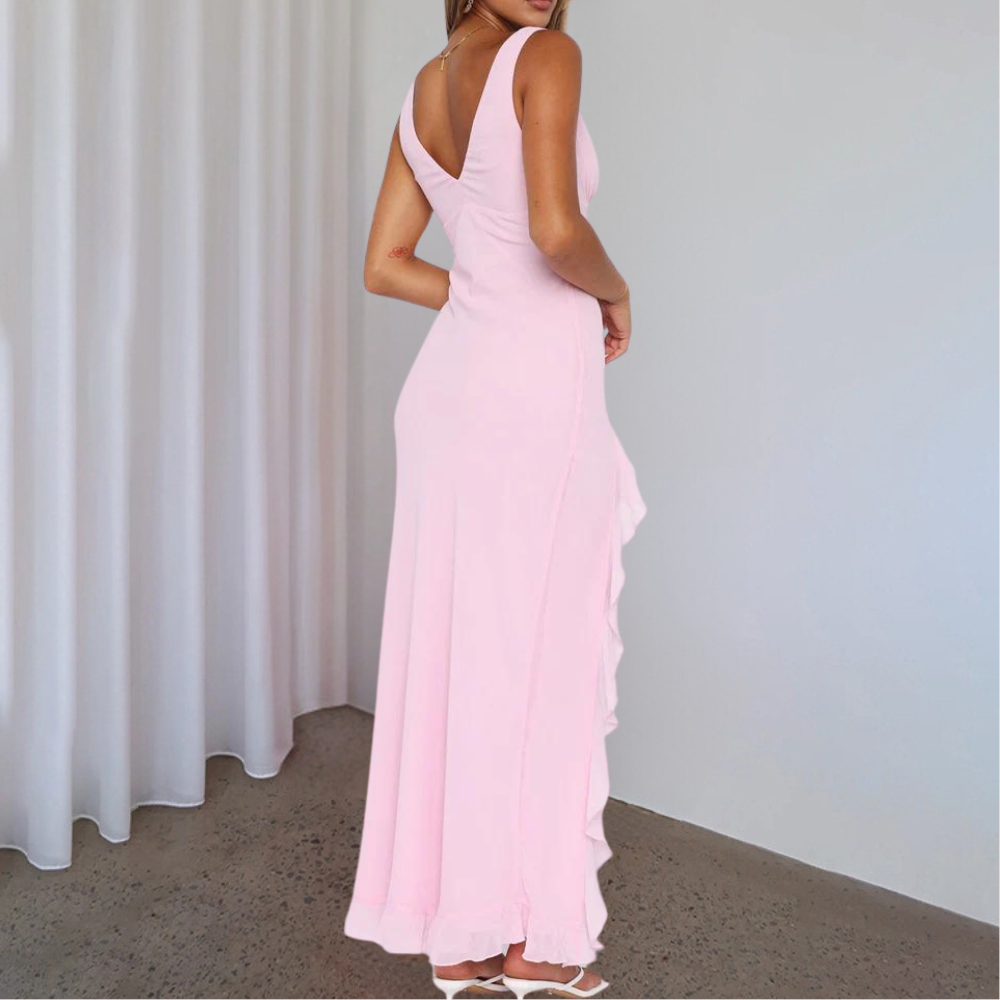 Roze avondjurk met V-hals en ruches, elegante lange jurk voor dames, perfect voor bruiloften en gala's, modieuze feestkleding.