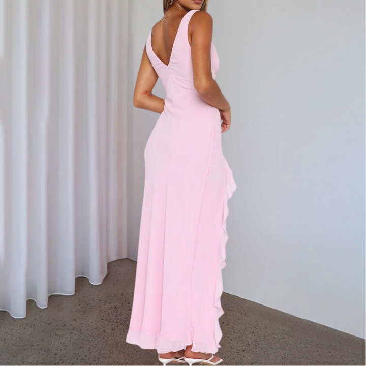 Roze avondjurk met V-hals en ruches, elegante lange jurk voor dames, perfect voor bruiloften en gala's, modieuze feestkleding.