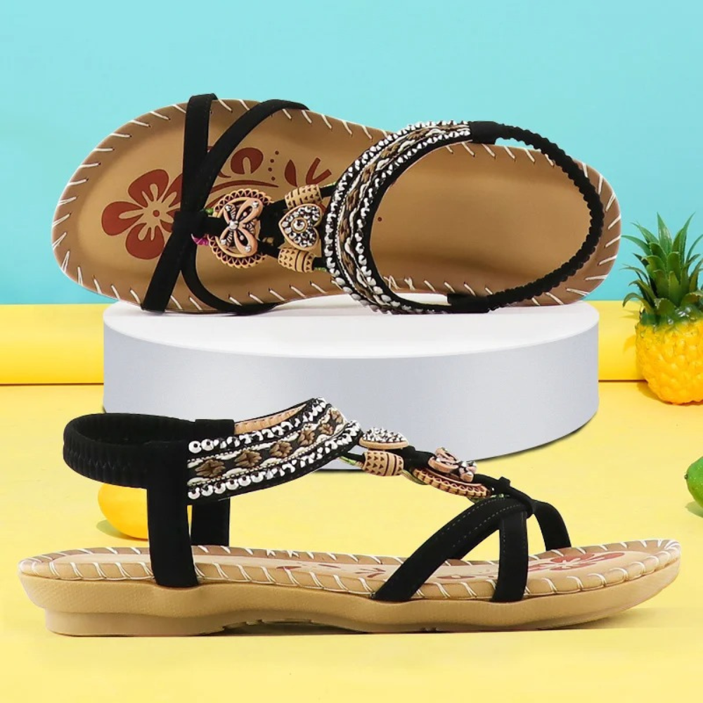 Zwarte damessandalen met kralen en bloemenpatroon, comfortabele zool, zomerschoeisel, modieuze sandalen, perfect voor casual en strandoutfits.