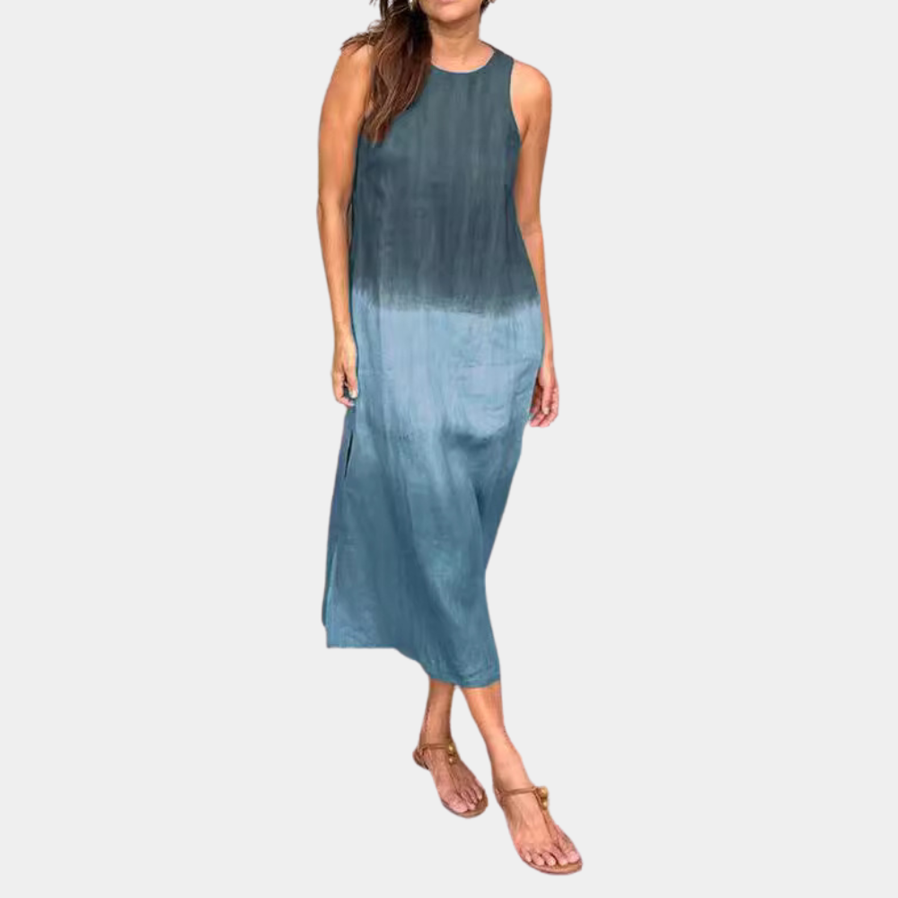 Blauwe maxi-jurk zonder mouwen, ombre design, casual zomerjurk, damesmode, comfortabele pasvorm, ideaal voor strand- of zomerevenementen.