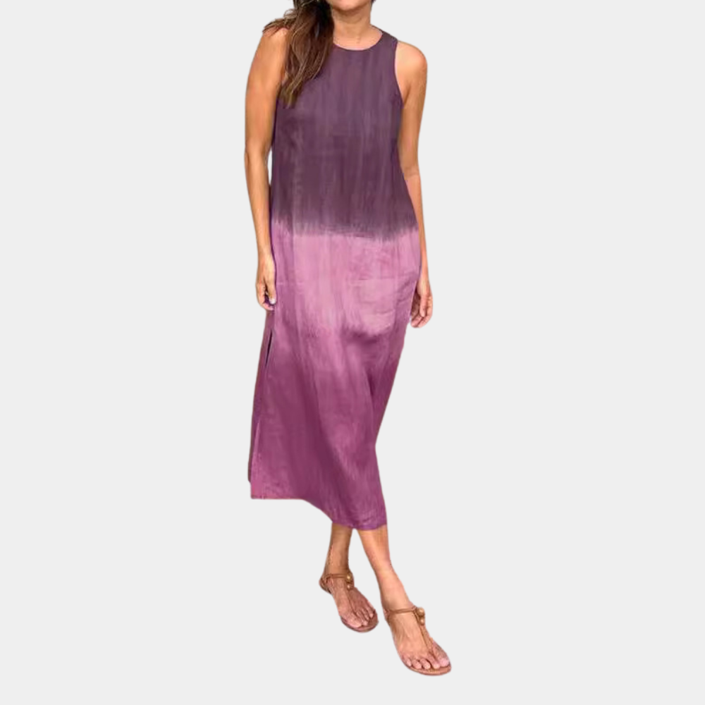 Paarse ombre maxi-jurk zonder mouwen, casual zomerjurk, damesmode, comfortabele pasvorm, perfect voor strand- of stadsuitjes.