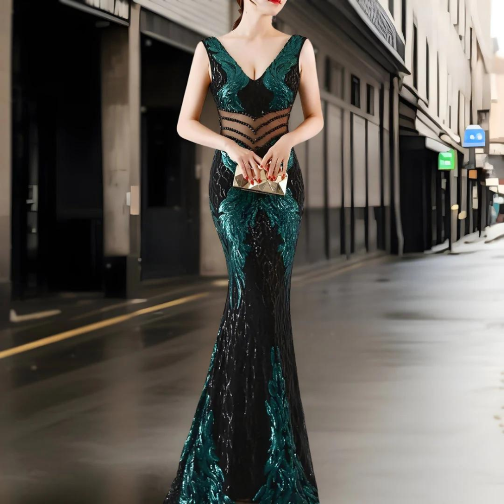 Elegante avondjurk in donkergroen met kanten details, perfect voor gala's en speciale gelegenheden. Luxe mode, stijlvolle avondkleding.