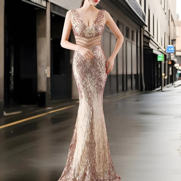 Elegante gouden avondjurk met V-hals en gedetailleerd kant, perfect voor gala's en bruiloften. Luxe mode, stijlvolle avondkleding.