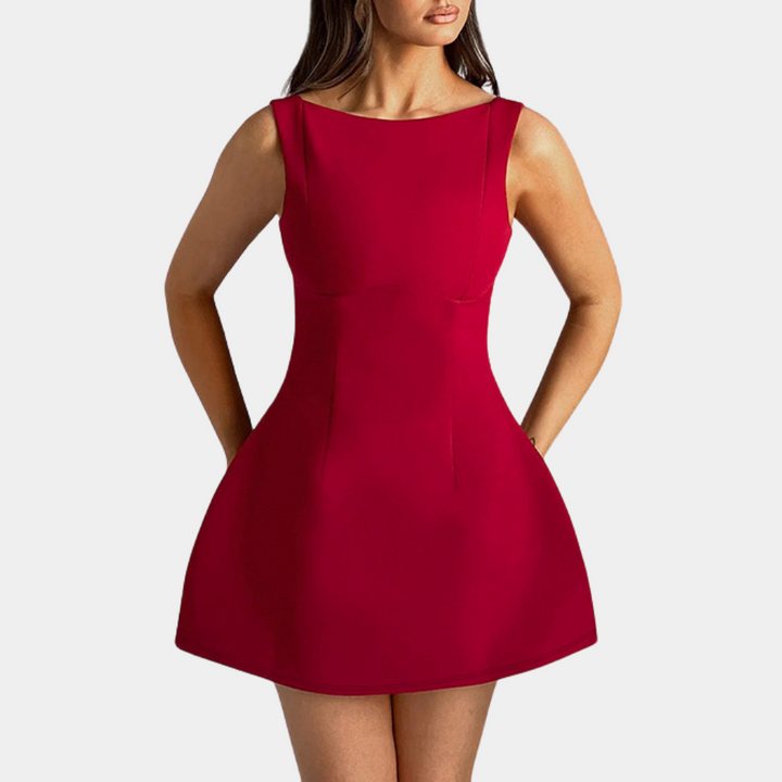Rode cocktailjurk zonder mouwen, elegante A-lijn, perfect voor feestjes en avondkleding. Stijlvolle damesmode, trendy en verfijnd design.