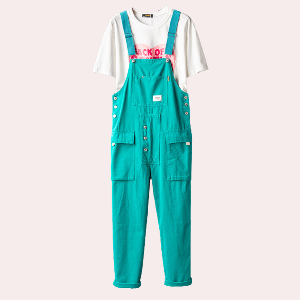 Blauwe tuinbroek met witte T-shirt, unisex mode, casual kleding, comfortabele pasvorm, trendy outfit, perfect voor dagelijks gebruik.