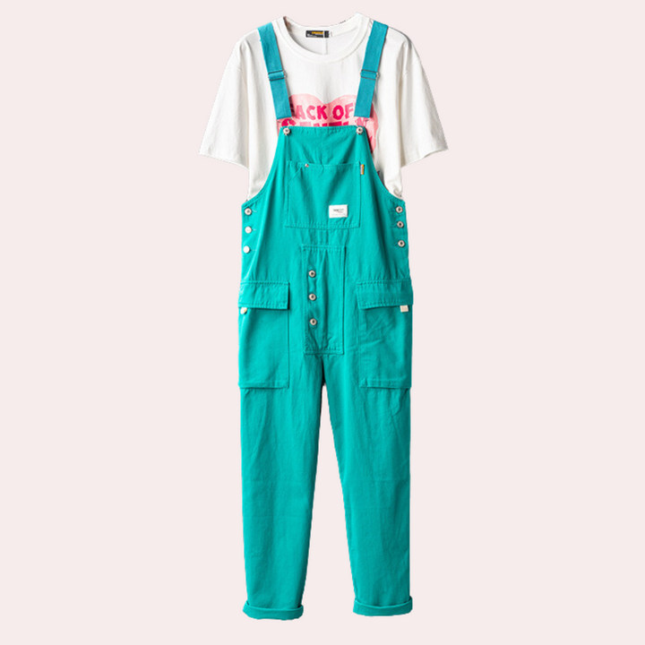 Blauwe tuinbroek met witte T-shirt, unisex mode, casual kleding, comfortabele pasvorm, trendy outfit, perfect voor dagelijks gebruik.