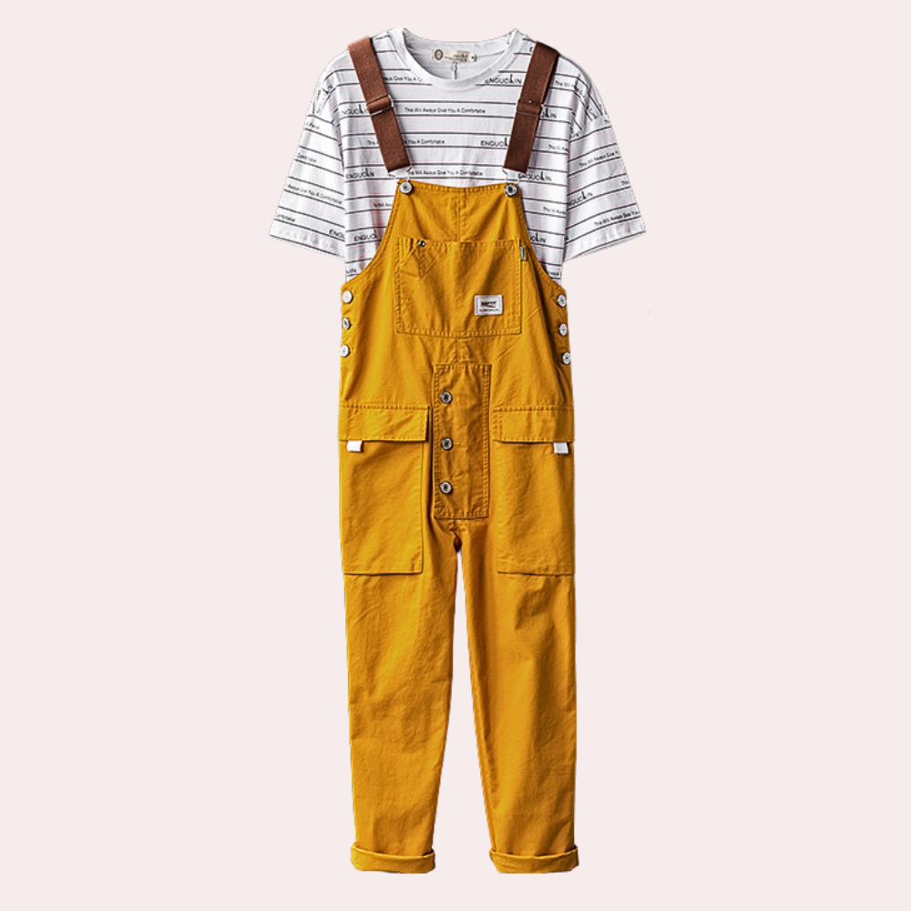 Gele kinderoverall met bruine bretels en witte gestreepte T-shirt. Trendy kinderkleding, comfortabele pasvorm, duurzame materialen.