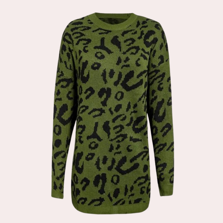 Groene damestrui met zwart luipaardprint, lange mouwen en ronde hals. Modieuze sweater, ideaal voor herfst- en winterseizoenen.