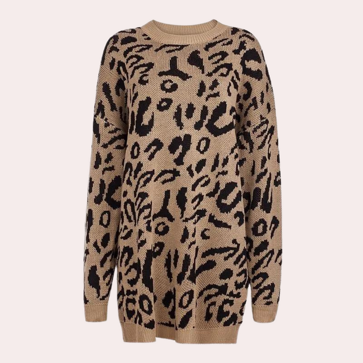 Khaki trui met luipaardprint, lange mouwen en ronde hals. Modieuze dameskleding, comfortabele pasvorm, trendy dierenprint. Perfect voor herfst.