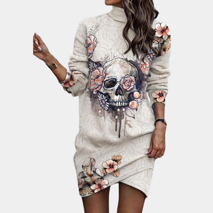 Witte sweaterjurk met schedel- en bloemenprint, lange mouwen, casual stijl, damesmode, trendy herfstkleding, comfortabele pasvorm.