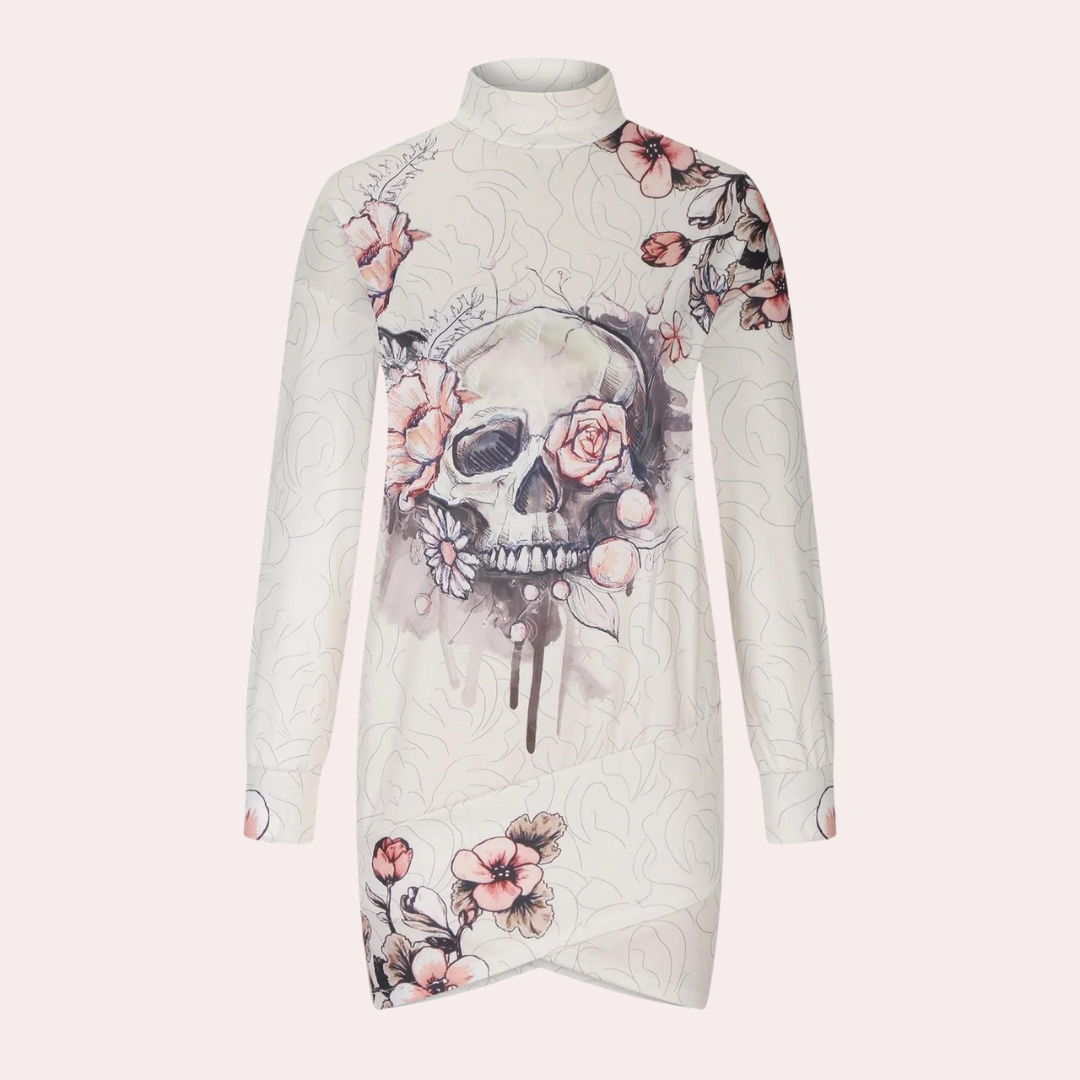 Witte jurk met lange mouwen, schedel- en bloemenprint, Venetiaanse stijl. Trendy damesmode, unieke designjurk, herfstcollectie 2023.