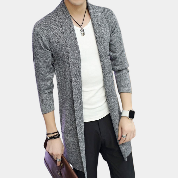 Grijze heren cardigan, open stijl, driekwart mouwen, casual mode, geschikt voor lente en herfst, trendy kleding voor mannen.