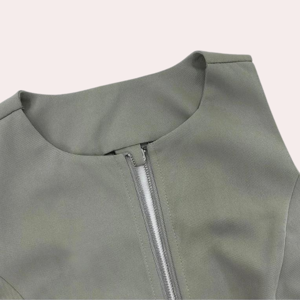 Grijze damesjurk met ronde hals en ritssluiting, elegante en minimalistische stijl, perfect voor zakelijke en casual gelegenheden.