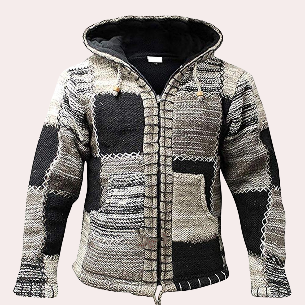 Grijze patchwork hoodie met capuchon, handgemaakt van wol, unisex ontwerp, warme winterjas, etnische stijl, comfortabele pasvorm.