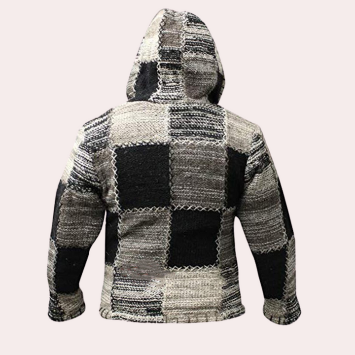 Grijze patchwork hoodie met capuchon, gebreid ontwerp, unisex, warme winterkleding, modieuze streetwear, comfortabele pasvorm, Orlando-stijl.