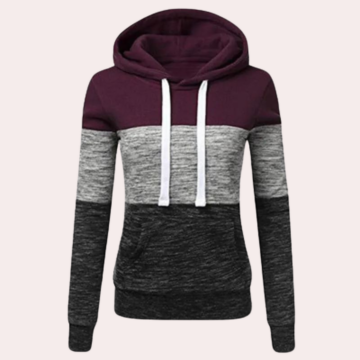 Dames hoodie met capuchon, kleurblokken in paars, grijs en zwart, lange mouwen, casual stijl, comfortabele pasvorm, trendy mode.