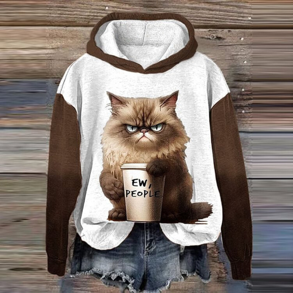 Grijze hoodie met boze kat print en tekst "Ew, People", bruine mouwen, casual stijl, perfect voor kattenliefhebbers en streetwear mode.