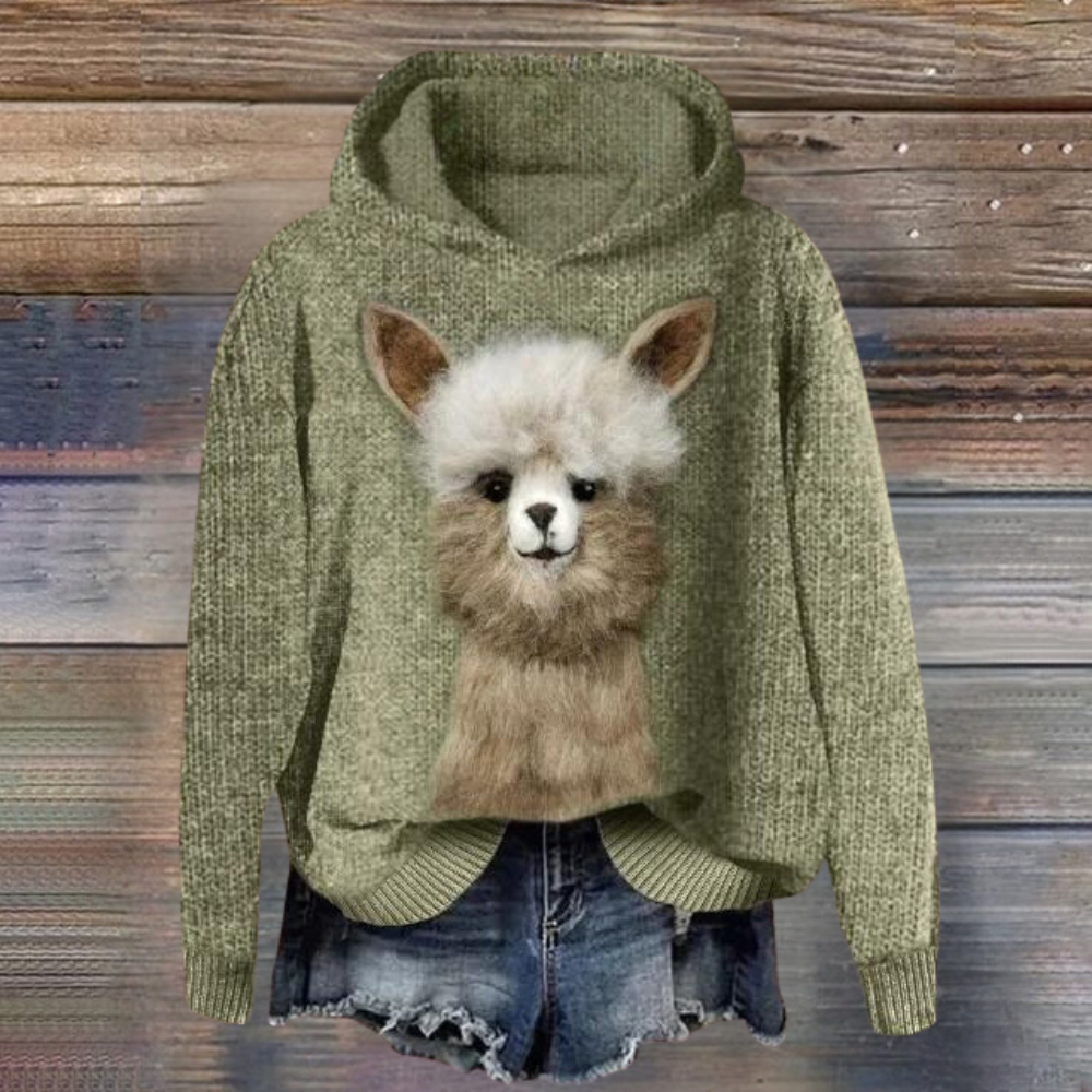 Groene alpaca trui met capuchon, damesmode, casual stijl, gebreid ontwerp, schattige dierenprint, trendy herfstkleding, comfortabele pasvorm.