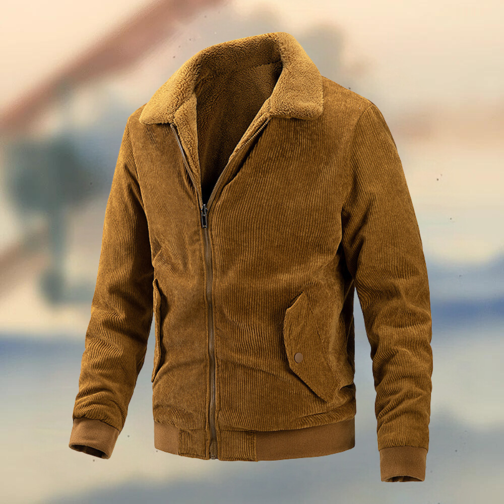 Camelkleurige corduroy jas met schapenvachtkraag, ritssluiting en zakken. Stijlvolle herenjassen, wintermode, warme bovenkleding.