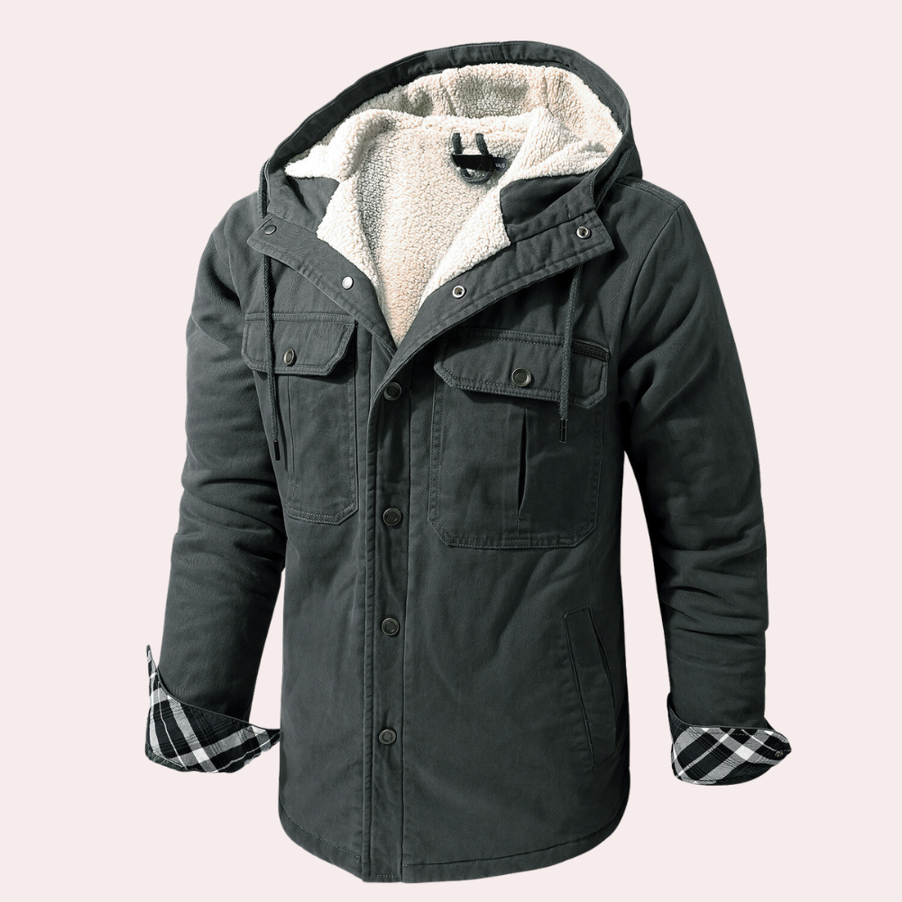 Grijze herenparka met capuchon, gevoerd met fleece, vier zakken en geruite manchetten. Winterjas voor heren, warme en stijlvolle buitenkleding.