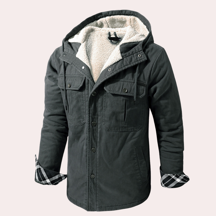 Grijze herenparka met capuchon, gevoerd met fleece, vier zakken en geruite manchetten. Winterjas voor heren, warme en stijlvolle buitenkleding.