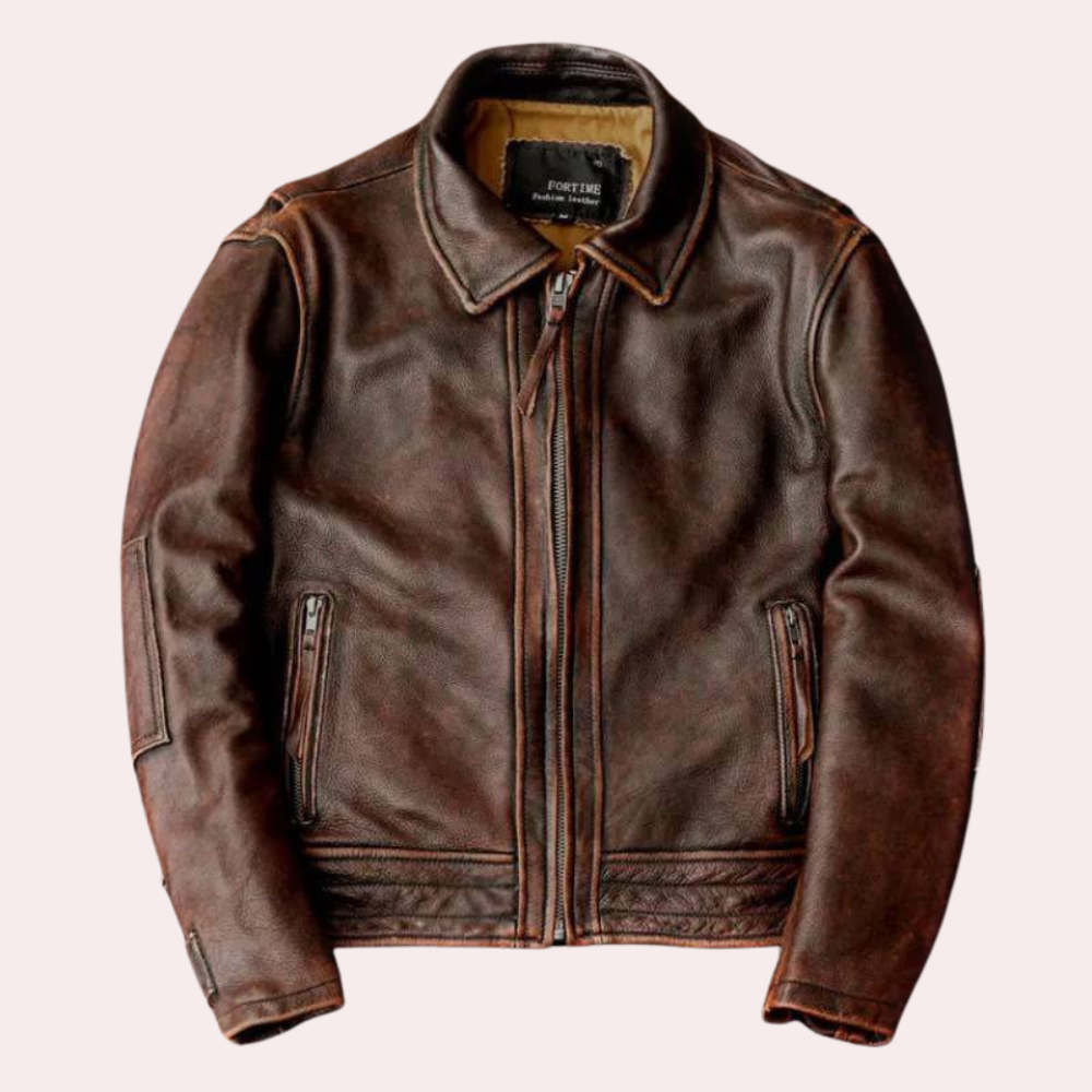Bruin leren herenjas met ritssluiting, klassieke kraag en zakken. Stijlvolle en duurzame motorjas voor heren. Perfect voor casual en outdoor gebruik.