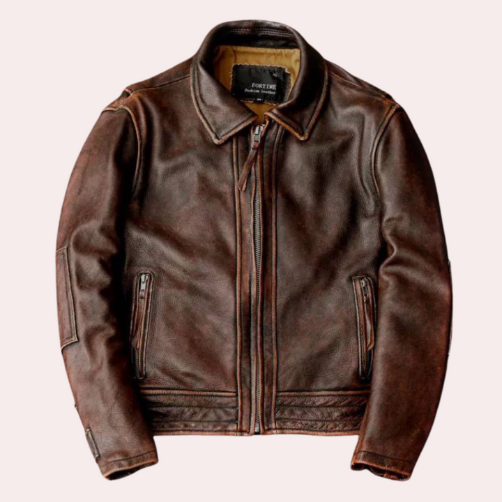 Bruin leren herenjas met ritssluiting, klassieke kraag en zakken. Stijlvolle en duurzame motorjas voor heren. Perfect voor casual en outdoor gebruik.