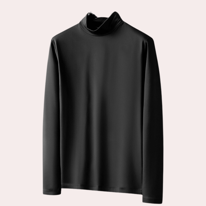 Zwarte coltrui voor heren, lange mouwen, minimalistisch design, gemaakt van zachte stof. Perfect voor casual en formele gelegenheden.