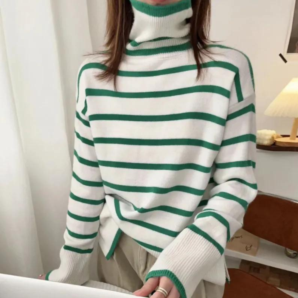 Groen-wit gestreepte coltrui damesmode, comfortabele winterkleding, trendy design, lange mouwen, casual stijl, perfect voor koud weer.