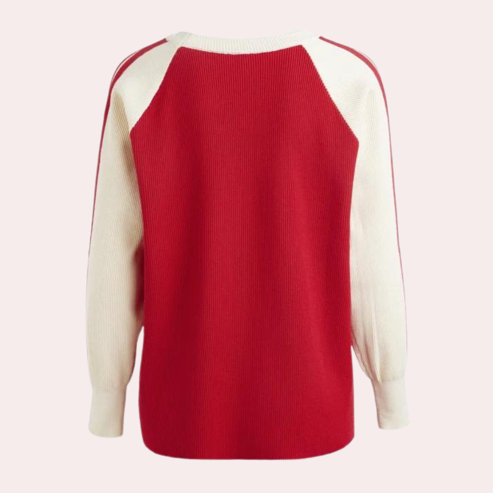 Rood-witte damestrui met lange mouwen en raglanmouwen, gebreid ontwerp. Perfect voor casual herfst- en winteroutfits. Comfortabele pasvorm.