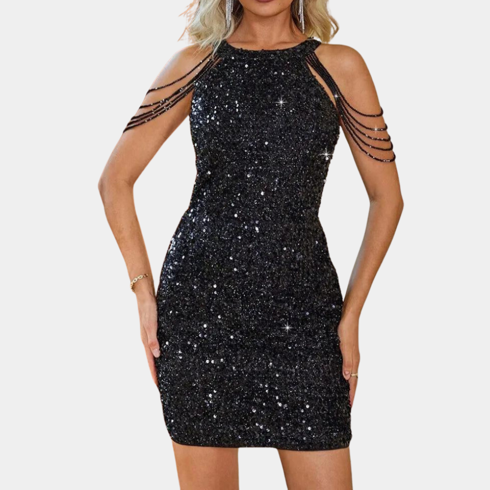 Zwarte glitter cocktailjurk met open schouders en kralenkettingen, elegante avondjurk voor dames, perfect voor feestjes en speciale gelegenheden.