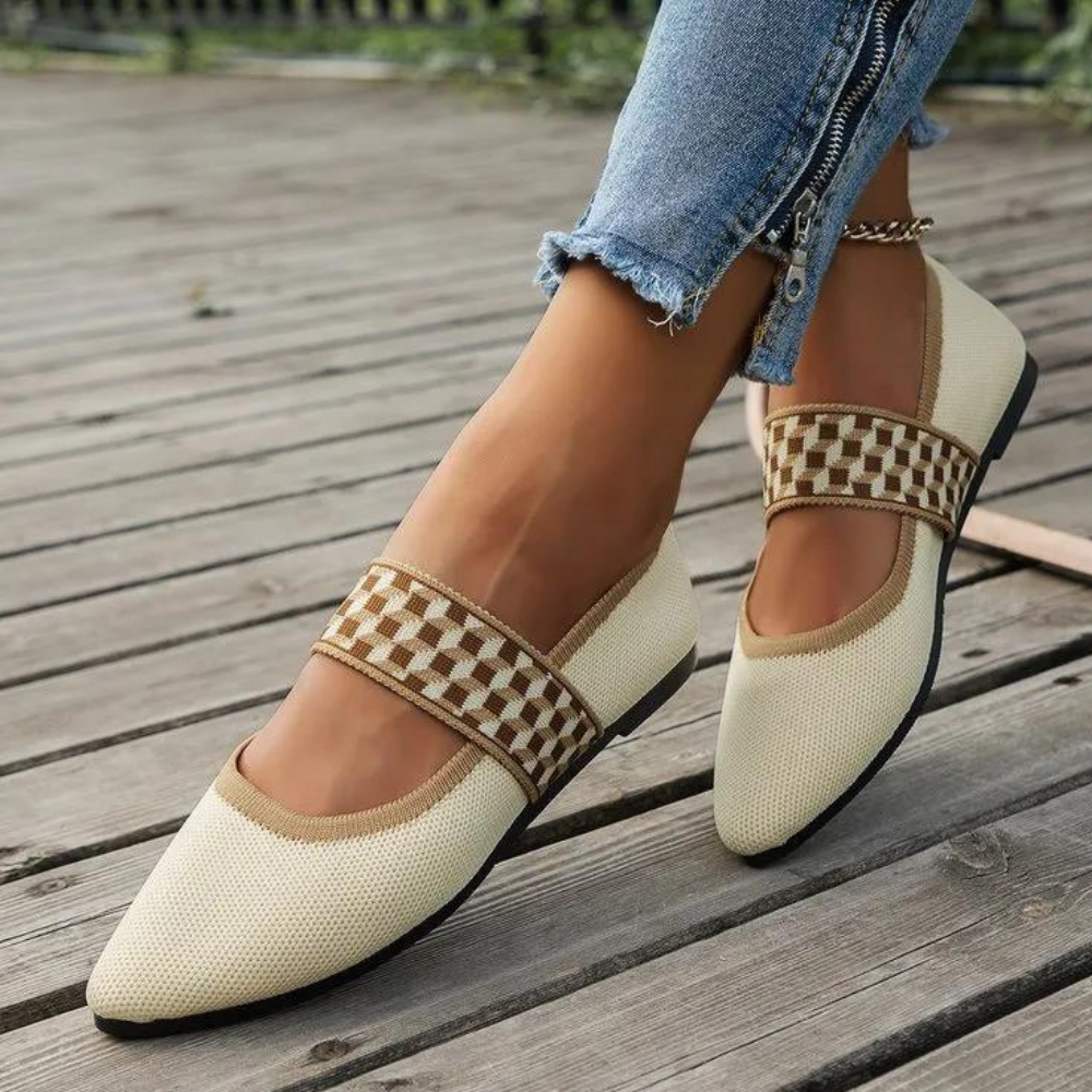 Beige dames ballerina's met geweven band, comfortabele platte schoenen, casual stijl, perfect voor dagelijks gebruik, modieuze zomerschoenen.
