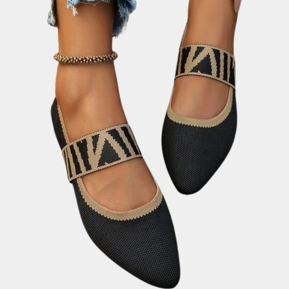 Zwarte damesballerina's met geometrische band, stijlvolle platte schoenen, comfortabele pasvorm, perfect voor casual en formele outfits.