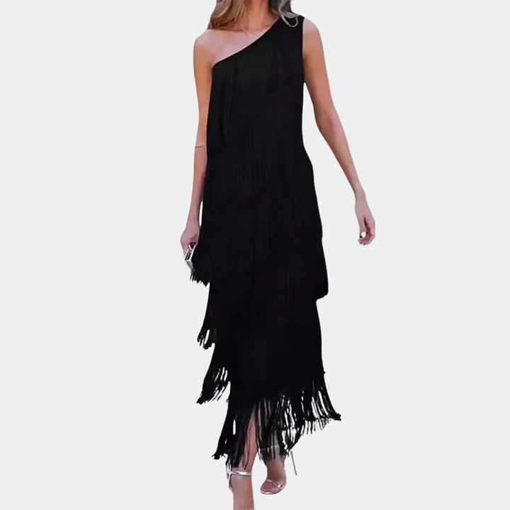 Zwarte asymmetrische jurk met franjes, elegante avondjurk, één schouder, perfect voor feestjes en evenementen, modieuze dameskleding.