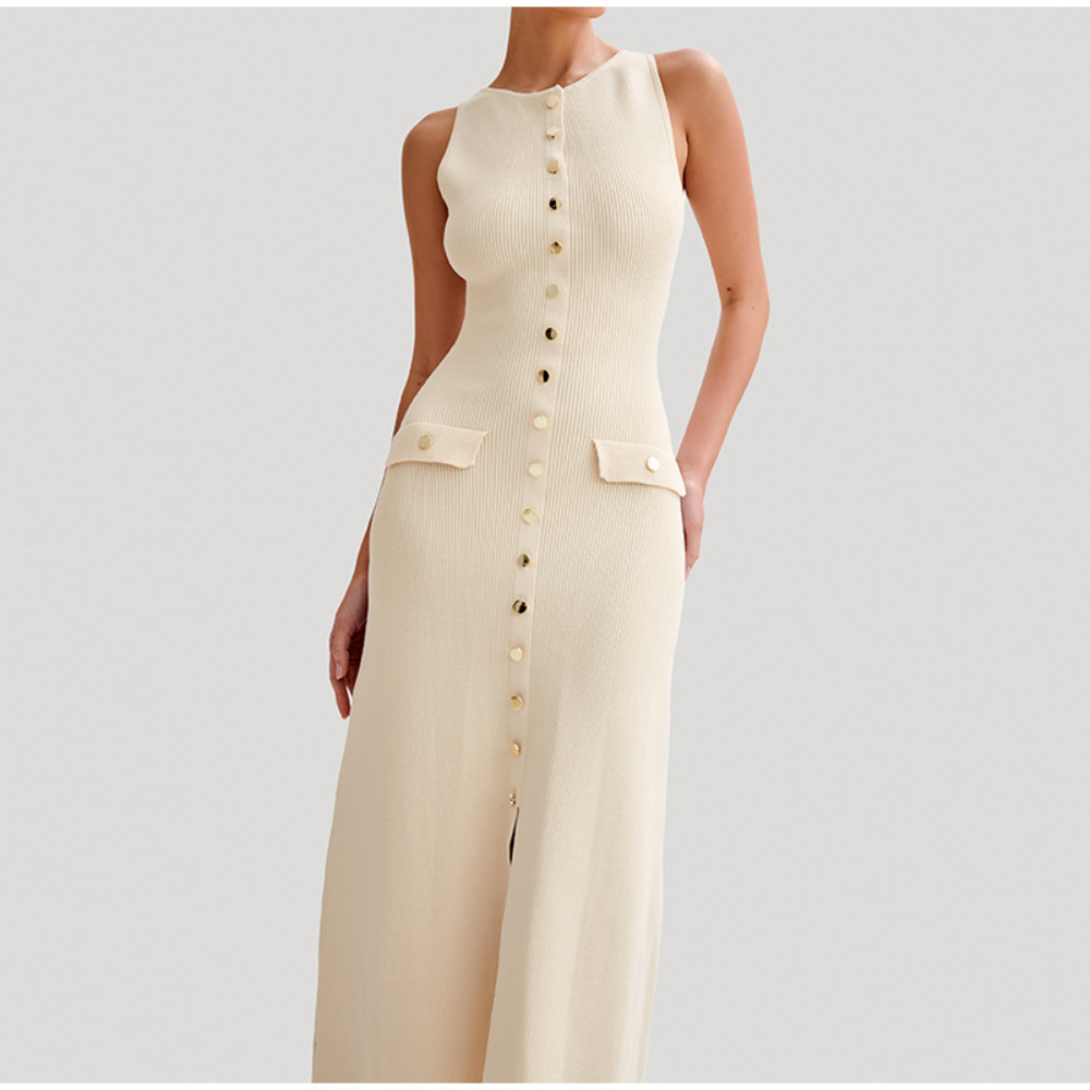 Mouwloze beige maxi-jurk met knoopsluiting en zakken, elegante damesmode, zomerjurk, casual chique stijl, perfect voor warme dagen.