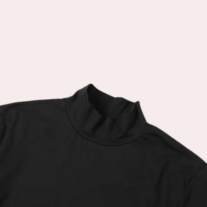 Zwarte coltrui met lange mouwen, minimalistisch design, gemaakt van zachte stof. Perfect voor herfst- en wintermode, veelzijdige kledingstijl.