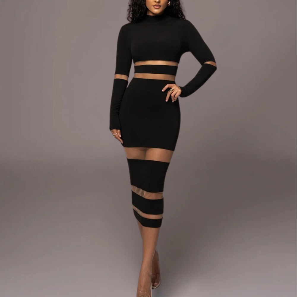 Zwarte bodycon jurk met lange mouwen en transparante strepen, elegante avondkleding, modieuze damesjurk, perfecte pasvorm, trendy design.