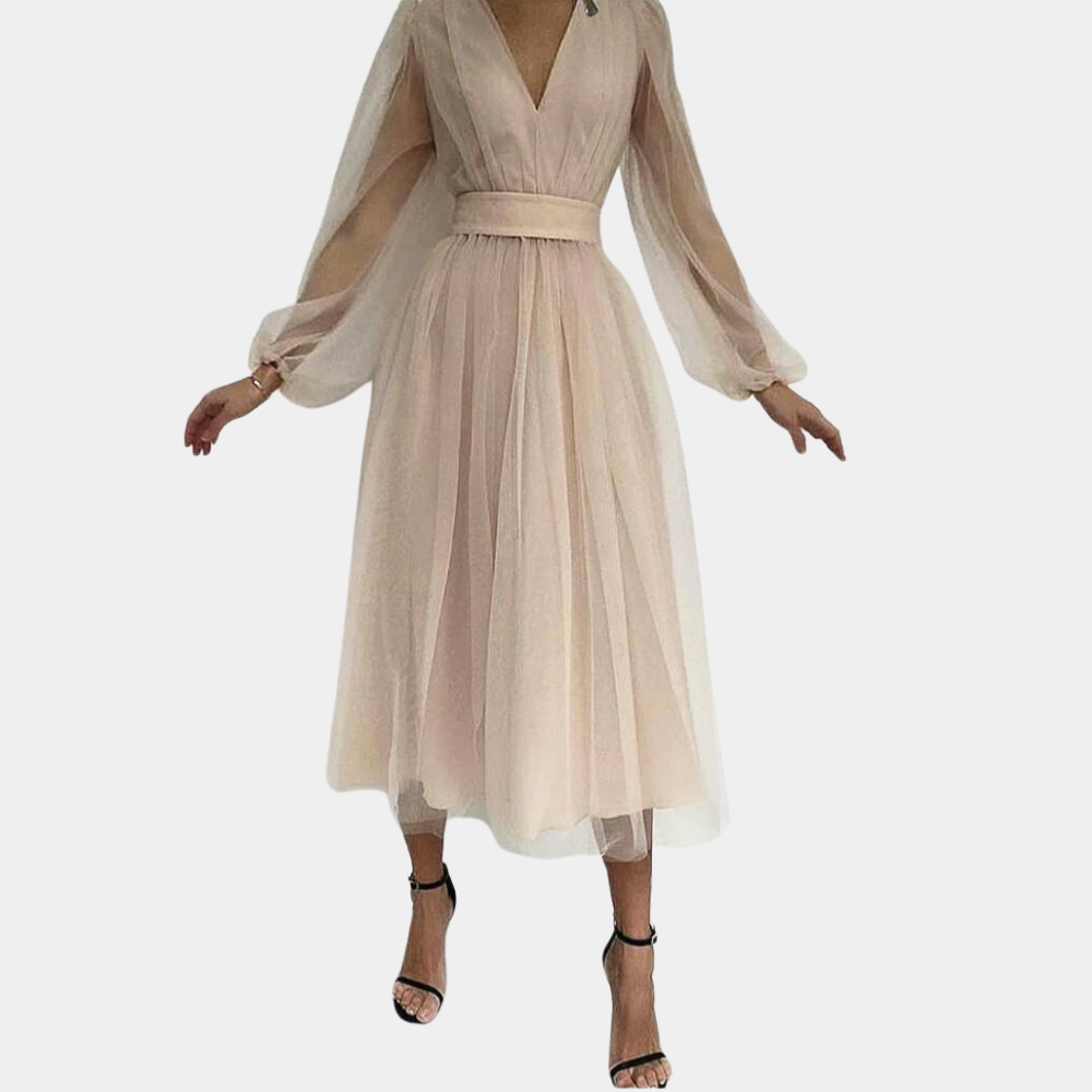 Beige avondjurk met lange mouwen en V-hals, elegante chiffon stof, tailleband, perfecte keuze voor formele gelegenheden en bruiloften.