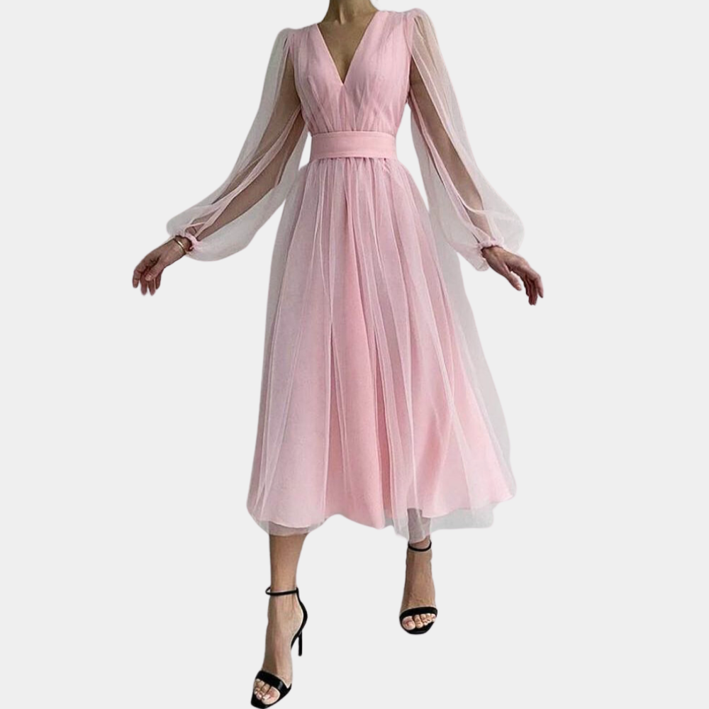 Roze avondjurk met lange doorschijnende mouwen en V-hals, elegante A-lijn pasvorm, perfect voor bruiloften en gala's.