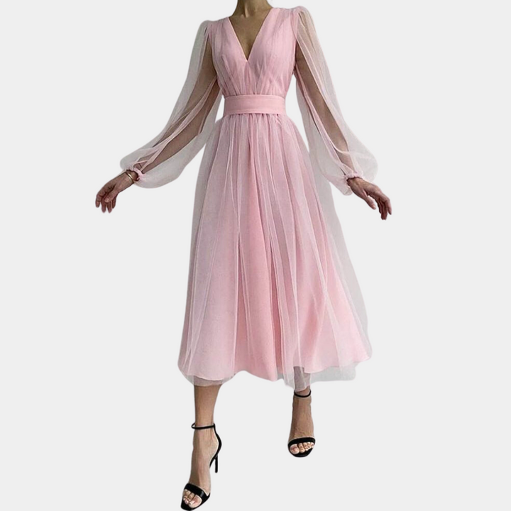 Roze avondjurk met lange doorschijnende mouwen en V-hals, elegante A-lijn pasvorm, perfect voor bruiloften en gala's.
