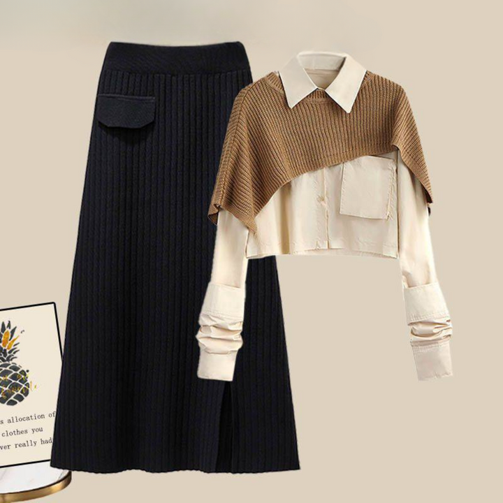 Elegante damesoutfit met zwarte geribbelde rok en beige cropped trui over witte blouse. Modieuze herfstkleding, stijlvolle damesmode.