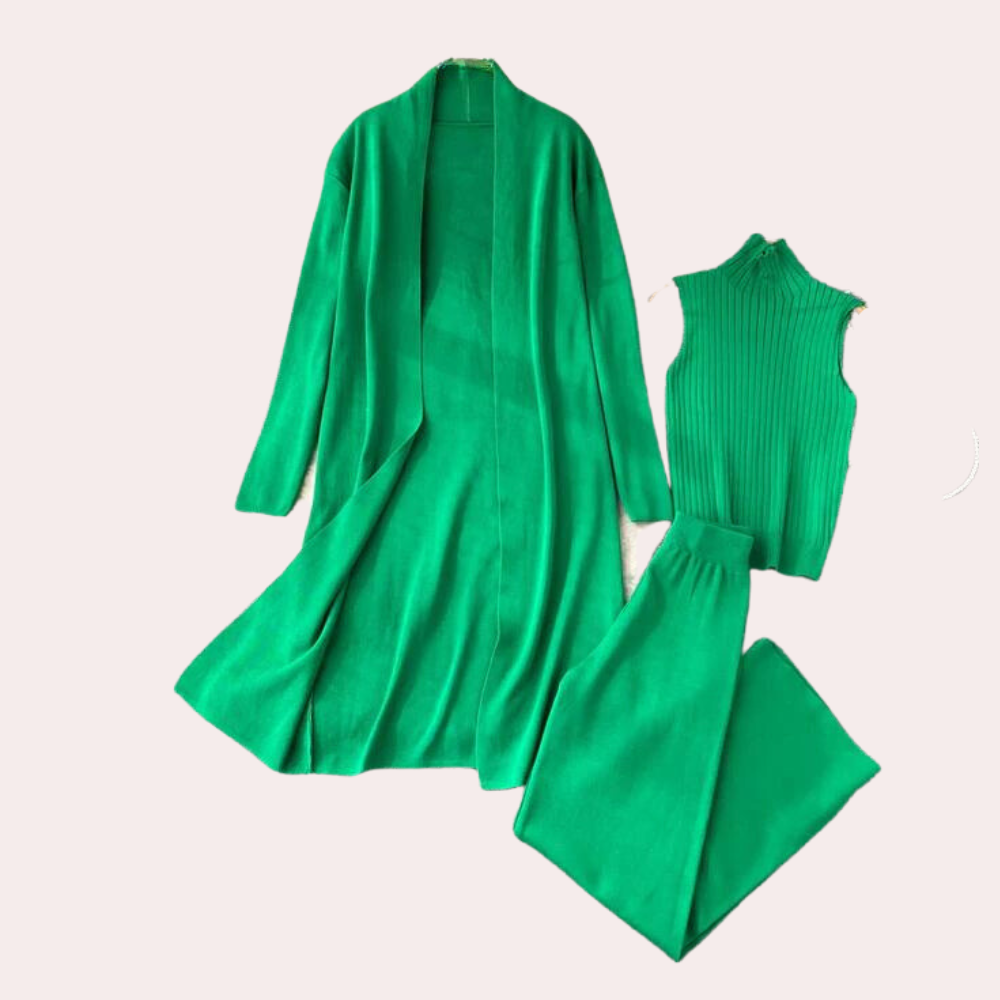 Groen dameskleding set met lange cardigan, mouwloze top en broek. Modieuze outfit, comfortabele pasvorm, trendy kleur, perfect voor casual en chique gelegenheden.