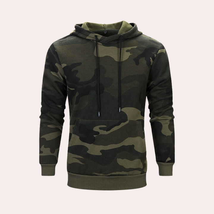 Camouflage hoodie in legergroen met capuchon en trekkoorden, ideaal voor casual streetwear. Comfortabele pasvorm, perfect voor dagelijks gebruik.