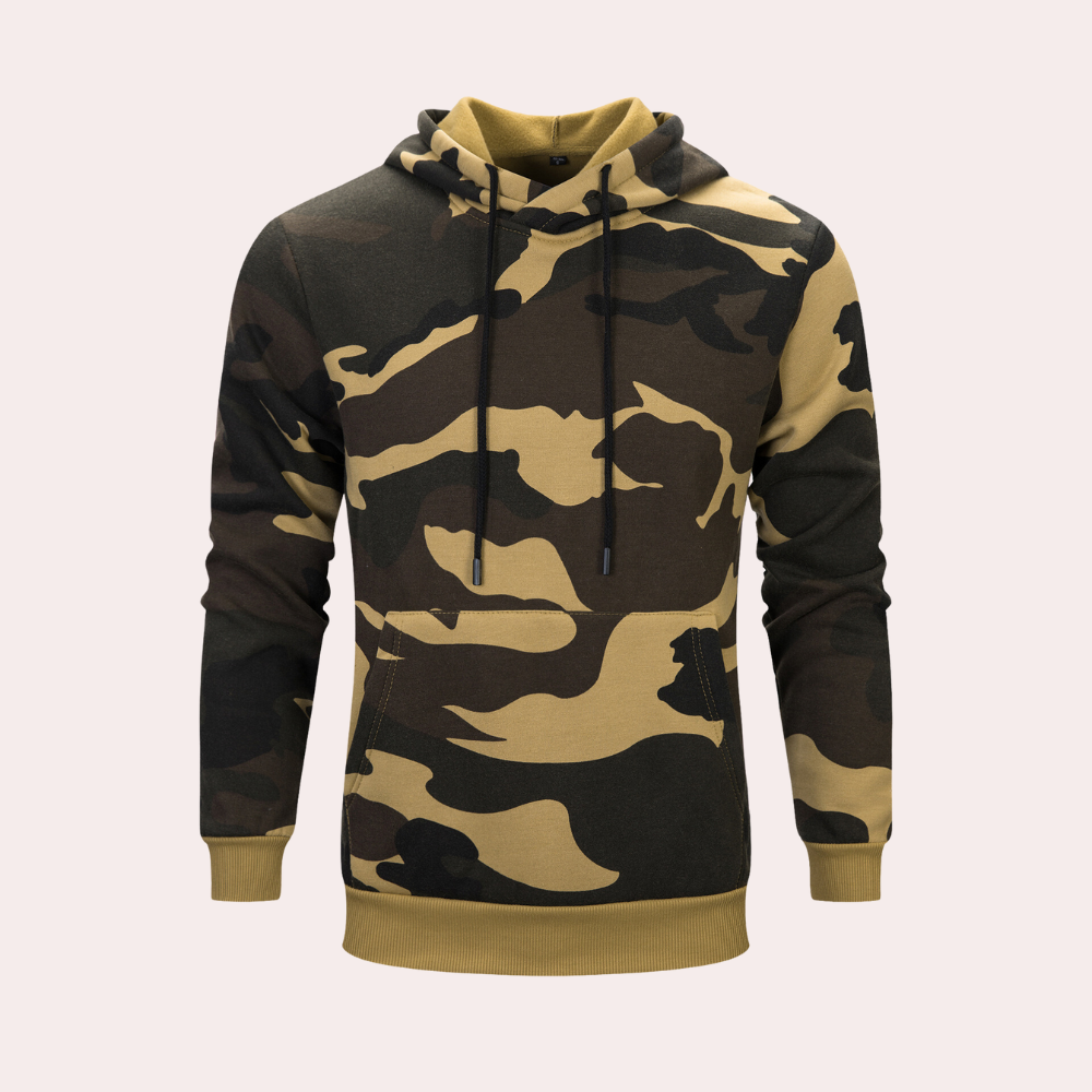Camouflage hoodie in khaki en bruine tinten, unisex design, lange mouwen, capuchon met trekkoord, casual streetwear, comfortabele pasvorm.