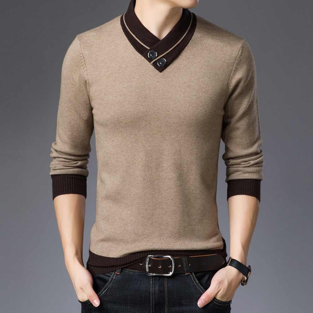 Camelkleurige herentrui met zwarte kraag en knopen, lange mouwen, casual stijl, perfect voor herfstmode. Comfortabele pasvorm, stijlvolle uitstraling.