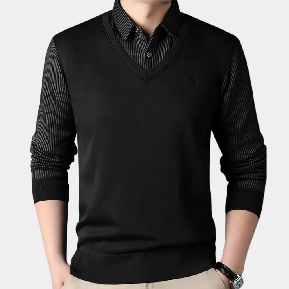 Zwarte herentrui met V-hals en gestreepte kraag, lange mouwen, geschikt voor casual en zakelijke outfits. Stijlvolle en veelzijdige kleding.