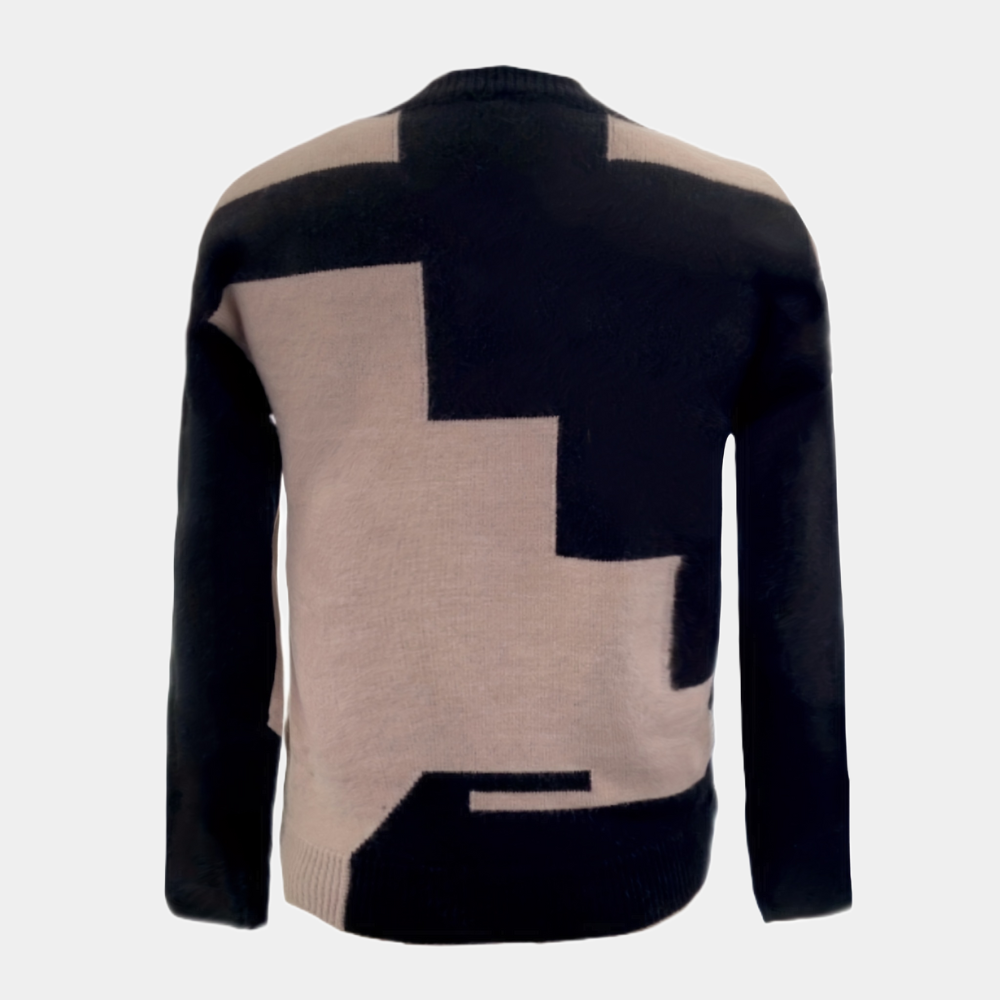 Khaki en zwarte trui met geometrisch patroon, lange mouwen en ronde hals. Moderne herentrui, geschikt voor casual en stijlvolle outfits.